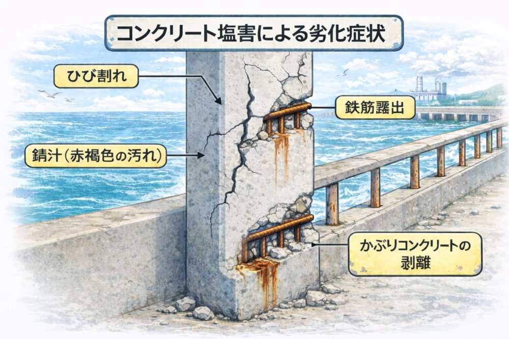コンクリート塩害による劣化症状(ひび割れ・鉄筋露出・錆汁・剥離)
