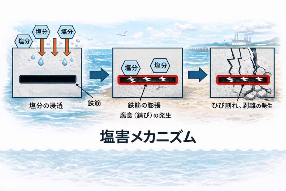 コンクリート塩害メカニズム図解（塩分侵入から鉄筋腐食・ひび割れまで）