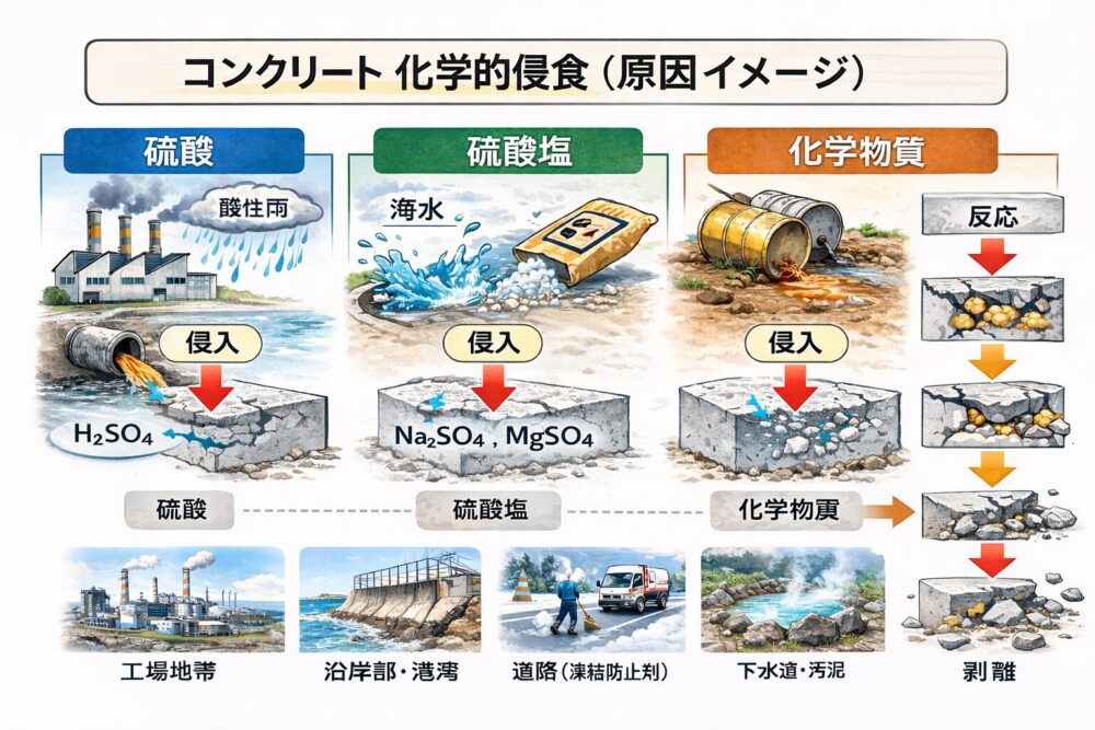 コンクリート化学的侵食の原因